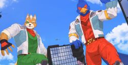 2boys absurdres aircraft animal_ears bird_boy bird_ears bird_tail blue_sky bulge cloud commission dyeong falco_lombardi fox_boy fox_ears fox_mccloud fox_tail furry furry_male giant helicopter highres jacket male_focus multiple_boys neckerchief nintendo red_neckerchief scouter sky star_fox tail white_jacket