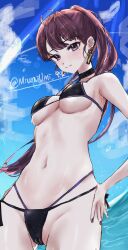 1girl bikini black_bikini blush breasts dolla_(nikke) earrings goddess_of_victory:_nikke highres jewelry long_hair looking_at_viewer medium_breasts midriff miumiumi_99 navel ocean outdoors ponytail purple_eyes purple_hair smile solo swimsuit twitter_username water wet