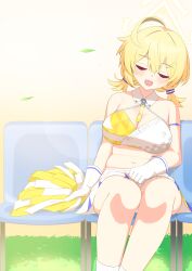 absurdres blue_archive cheerleader halo highres holding holding_pom_poms kotori_(blue_archive) kotori_(cheer_squad)_(blue_archive) millennium_cheerleader_outfit_(blue_archive) pom_pom_(cheerleading) pom_poms skirt sleeping sports_bra triangle_halo two-tone_sports_bra wet_09994 white_skirt yellow_halo