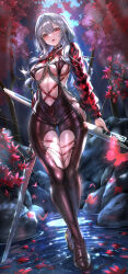 1girl body_chain bodysuit breasts brown_eyes checkered_clothes clothing_cutout commentary_request goddess_of_victory:_nikke grey_hair highres himonoata holding holding_sword holding_weapon large_breasts latex latex_bodysuit long_hair looking_at_viewer navel official_alternate_costume open_mouth outdoors petals petals_on_liquid pond red_eyes red_nails red_shrug ripples scarlet_(nikke) scarlet_(racer&#039;s_high)_(nikke) shift_up skin_tight solo standing standing_on_liquid stellar_blade sword thigh_cutout tree weapon