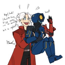 1boy 1other belt black_pants black_shirt blue_eyes carrying coat commentary dante_(devil_may_cry) devil_may_cry_(series) devil_may_cry_5 english_commentary english_text gun hair_intakes highres holding holding_gun holding_weapon long_sleeves mannisheep open_mouth pants red_coat shirt teeth trait_connection trigger_discipline ultrakill upper_teeth_only v1_(ultrakill) weapon white_hair