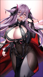 1girl absurdres azur_lane breast_cutout breasts cleavage cowboy_shot curled_horns demon_horns friedrich_carl_(azur_lane) hair_between_eyes heart highres hip_vent horns huge_breasts long_hair long_hair_between_eyes long_sleeves looking_at_viewer mole mole_on_breast mole_under_mouth open_mouth pink_background purple_eyes purple_hair rectangular_eyewear semi-rimless_eyewear simple_background skindentation solo teeth upper_teeth_only very_long_hair yuuzuki_hijiri