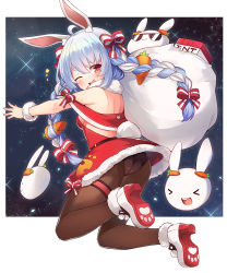 1girl ahoge animal_ear_fluff ass bag braid brown_pantyhose commentary_request dress explosive food-themed_hair_ornament hair_between_eyes hair_ornament highres holding holding_bag hololive long_hair mou_tama_maru outside_border pantyhose pekomon_(usada_pekora) pom_pom_(clothes) rabbit-shaped_pupils rabbit_girl rabbit_tail santa_costume santa_dress solo star_(sky) symbol-shaped_pupils thigh_strap tnt tnt_block_(minecraft) twin_braids usada_pekora very_long_hair virtual_youtuber