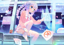1girl angora_rabbit blue_eyes blue_hair bow bowtie braid classroom closed_mouth commentary_request desk eating food food_in_mouth gochuumon_wa_usagi_desu_ka? hair_between_eyes hair_ornament hair_ribbon highres kafuu_chino loli long_hair long_sleeves miniskirt mouth_hold multicolored_hair no_shoes on_desk panties pantyshot pink_serafuku pink_shirt pink_skirt plaid_clothes plaid_skirt pleated_skirt pocky pocky_in_mouth purple_hair rabbit ribbon sailor_collar school_desk school_uniform serafuku shirt sidelocks sitting skindentation skirt solo taku_michi thighhighs tippy_(gochiusa) twin_braids two-tone_hair underwear upskirt white_bow white_bowtie white_panties white_ribbon white_sailor_collar white_thighhighs x_hair_ornament