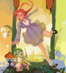 2girls ahiru_(duck)_(princess_tutu) ahiru_(princess_tutu) ahoge bird braid crab-milk dress duck gold_crown_academy_school_uniform green_hair jewelry lips mary_janes multiple_girls necklace nose open_mouth princess_tutu school_uniform shoes single_braid smile toddler uzura_(princess_tutu)
