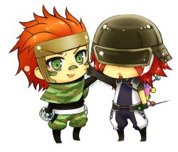 Rule 34 | 2boys, :&lt;, :d, armor, camouflage, cheek pinching, chibi, chibi only, coin, covered eyes, facepaint, forehead protector, furrowed brow, fuuma kotarou (sengoku basara), green eyes, helmet, helmet over eyes, holed coin, japanese armor, kabuto (helmet), looking at another, male focus, medium hair, multiple boys, mutual cheek pinching, open mouth, orange hair, pin, pinching, pincushion, red hair, sarutobi sasuke (sengoku basara), sengoku basara, simple background, smile, tearing up, unaunacowa, v-shaped eyebrows, white background