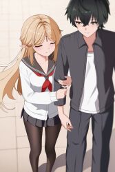 1boy 1girl arm_hug black_hair black_sailor_collar black_shirt black_skirt blonde_hair cartethyia_(wuthering_waves) chinese_commentary closed_eyes closed_mouth collarbone collared_shirt commentary_request feet_out_of_frame hair_between_eyes hands_up highres holding_another&#039;s_arm long_hair looking_at_another male_rover_(wuthering_waves) medium_hair open_clothes open_shirt pantyhose pleated_skirt pointy_ears rover_(wuthering_waves) sailor_collar school_uniform serafuku shirt skirt smile tacet_mark_(wuthering_waves) weitaming_c white_shirt wuthering_waves yellow_eyes