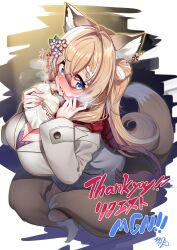1girl absurdres animal_ear_fluff animal_ears steamed_bun blonde_hair blue_eyes blush breasts cleavage coat commission eating flower food food_on_face fox_ears fox_girl fox_tail grey_coat hair_between_eyes hair_bun hair_flower hair_ornament highres holding holding_food indie_virtual_youtuber koromo_naruru large_breasts looking_at_viewer multicolored_hair multiple_tails red_scarf scarf skeb_commission streaked_hair sui_hi_sf tail thank_you virtual_youtuber white_hair