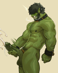 1boy abs arm_hair bara beard belt_collar biceps chest_hair cock_ring collar completely_nude cum earrings erection face_piercing facial_hair feet_out_of_frame from_side girthy_penis hair_over_eyes heavy_breathing highres jewelry large_pectorals large_penis large_testicles male_focus male_masturbation male_pubic_hair masturbation mature_male muscular muscular_male navel navel_hair nipples nose_piercing nose_ring nude orc original pectorals penis piercing pointy_ears projectile_cum pubic_hair sex_toy short_hair solo standing stomach sweat testicles thick_thighs thighs tusks uncensored veins veiny_arms veiny_penis zoyu_(wuedti)