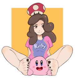 Rule 34 | 1girl, barefoot, between feet, blue eyes, brown eyes, brown hair, feet, highres, holding with feet, kirby, kirby (series), nintendo, pink shirt, real life, sandwiched, shirt, size difference, smile, squeezing, squishing, super mushroom, tall female, tinyramens, toes