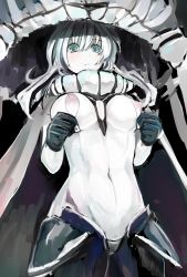 Rule 34 | 10s, 1girl, abyssal ship, bodysuit, breasts, female focus, gloves, green eyes, hokamichi, kantai collection, looking at viewer, navel, nippleless clothes, nipples, pale skin, personification, silver hair, solo, taji (crowview), unzipping, wo-class aircraft carrier, zipper
