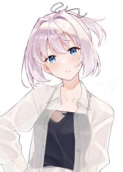 1girl alternate_costume black_camisole blue_eyes camisole collared_shirt dress_shirt hair_intakes hand_on_own_hip highres kantai_collection pink_eyes ponytail see-through_clothes see-through_shirt shiranui_(kancolle) shiranui_kai_ni_(kancolle) shirt short_hair simple_background solo u_yuz_xx upper_body white_background white_shirt