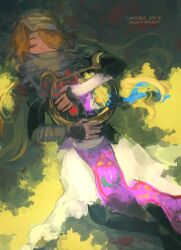 1girl blonde_hair closed_eyes dress grass hair_over_one_eye harp highres holding holding_instrument instrument lying myon_(myonninn) nintendo on_back outdoors princess_zelda sheik solo the_legend_of_zelda the_legend_of_zelda:_ocarina_of_time turban