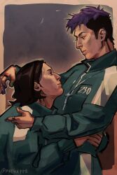 Rule 34 | 2boys, absurdres, arm around waist, black hair, border, clothes writing, commentary, cross, cross necklace, english commentary, fine art parody, green jumpsuit, hand on another&#039;s shoulder, hand up, highres, implied yuri, jewelry, jumpsuit, male focus, markkrpg, medium hair, multicolored hair, multiple boys, multiple rings, nam-gyu, necklace, outside border, parody, paulo e virginia, purple hair, ring, short hair, squid game, striped clothes, thanos (squid game), two-tone hair, yellow border