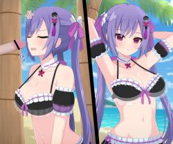Rule 34 | 1boy, 1girl, anger vein, annoyed, arm garter, arms behind head, arms up, assault lily, bar censor, bare shoulders, bikini, blue sky, blurry, blurry background, blush, breasts, censored, closed eyes, clothed sex, cloud, collarbone, commentary request, day, frilled bikini, frilled ribbon, frills, front-tie bikini top, front-tie top, hair ornament, hair ribbon, haniwa (kiminozorazio), hetero, highres, horizon, imminent fellatio, jewelry, large breasts, long hair, looking at viewer, matsumura fuuka, multiple views, navel, official alternate costume, out of frame, outdoors, palm tree, parted lips, pendant, penis, pink eyes, pink ribbon, purple hair, ribbon, ribbon-trimmed bikini, ribbon trim, see-through bikini, see-through clothes, sky, solo focus, sparkle, standing, stomach, strap gap, swimsuit, tassel, tassel hair ornament, tree, twintails, upper body, v-shaped eyebrows, very long hair, water