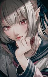 1girl absurdres aegyo_sal black_background black_ribbon black_sailor_collar black_sleeve_cuffs clenched_hand closed_mouth collar commentary_request grey_hair hair_ribbon hand_on_own_chin hand_up hashtag-only_commentary highres lips long_hair looking_at_viewer makaino_ririmu makaino_ririmu_(4th_costume) minotaur_plate multicolored_hair nijisanji nose pink_hair pink_streaks pointy_ears portrait realistic red_collar ribbon sailor_collar sailor_shirt school_uniform shade shirt sleeve_cuffs solo streaked_hair tears tsurime virtual_youtuber white_shirt