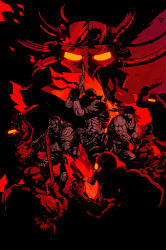 baseball_bat deathink deimos_(madness_combat) finger_on_trigger gas_mask glowing_glasses gun handgun hank_j._wimbleton highres knife limited_palette madness_combat mask multiple_boys muscular muscular_male nail_(hardware) nail_bat red_theme revolver sanford_(madness_combat) scope suppressor sword weapon