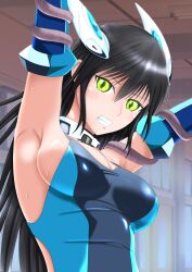 Rule 34 | 1girl, armpits, arms up, black hair, blue one-piece swimsuit, blush, breasts, cleavage, clenched teeth, collar, competition swimsuit, elbow gloves, gloves, green eyes, headgear, highres, hyu-ryona, kisoe mitsuki, kyoukai hishou celestite, large breasts, large variant set, long hair, looking at viewer, medium breasts, one-piece swimsuit, peril, presenting armpit, restrained, school swimsuit, sideboob, solo, sweat, swimsuit, teeth, tentacles, textless version, variant set