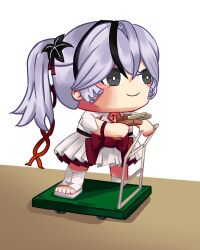 1girl black_eyes black_flower blake_bloom_(wuthering_waves) blush_stickers bright_pupils camellya_(wuthering_waves) camellya_mascot_(meme) closed_mouth commentary dress english_commentary flower from_side grey_hair gun hair_flower hair_ornament hair_vines highres holding holding_gun holding_weapon looking_ahead mascot_costume meme mitsuki_mitsuu open-toe_shoes short_hair smile solo toes weapon white_background white_dress white_pupils wuthering_waves