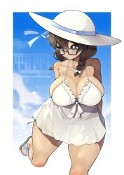 1girl 490_(spinoza490) black-framed_eyewear bow braid breasts brown_hair cevio cleavage dress frilled_dress frills glasses grey_eyes hair_bow hair_over_shoulder hanakuma_chifuyu hat hat_ribbon large_breasts medium_hair outdoors rectangular_eyewear ribbon sandals see-through_clothes see-through_dress sky sleeveless sleeveless_dress solo standing standing_on_one_leg sun_hat sundress thick_thighs thigh_gap thighs translucent_dress twin_braids white_bow white_dress white_hat