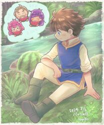 2boys 2girls arm_support bartz_klauser belt black_footwear blue_eyes blue_tunic boots brown_hair closed_mouth collared_shirt commentary_request cropped_torso dated faris_scherwiz final_fantasy final_fantasy_v food fruit full_body galuf_halm_baldesion grass hapiko_(hiyamugi_5555) highres holding holding_food holding_fruit holding_watermelon knee_up lenna_charlotte_tycoon multiple_boys multiple_girls outdoors pants pink_hair purple_hair river shirt short_hair sitting sleeves_rolled_up smile speech_bubble thought_bubble tunic upper_body water watermelon watermelon_slice white_pants white_shirt