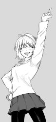 1girl :d ahoge arcueid_brunestud black_pantyhose blush closed_eyes hand_on_own_hip hands_up happy jewelry metarogu necklace open_mouth pantyhose pointing pointing_up short_hair simple_background skirt smile sweater tsukihime tsukihime_(remake) turtleneck turtleneck_sweater