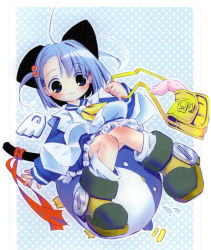 00s ahoge animal_ears blue_eyes blue_hair boots dress flat_chest highres knee_boots kneehighs lunch_box_(manga) necktie pop school_uniform serafuku short_hair socks solo tail twintails wings