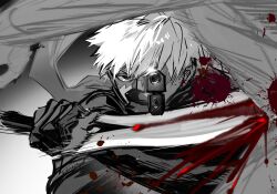 1boy archer_(fate) blood emiya_alter emiya_shirou fate/grand_order fate_(series) fighting_stance gun highres holding holding_gun holding_weapon male_focus shinkaifuyuki solo weapon white_hair