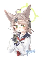 Rule 34 | 1girl, absurdres, ahoge, animal ears, black gloves, blue archive, ear protection, fox ears, fox girl, gloves, green eyes, green gloves, green halo, grey hair, halo, highres, long braid, long hair, long sleeves, muyanmi, neckerchief, otogi (blue archive), red neckerchief, school uniform, serafuku, solo, tactical school uniform, two-tone gloves