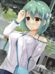1girl 3: absurdres adjusting_hair arm_behind_back bag bare_shoulders blurry blurry_background blush bow breasts closed_mouth collarbone commentary_request dappled_sunlight day dutch_angle eyes_visible_through_hair frown green_hair hair_between_eyes hair_bow hand_up handbag highres large_breasts long_sleeves looking_up noble_works off-shoulder_shirt off_shoulder outdoors photo_background reiji_tsukimi shirt short_hair solo sunlight tsukiyama_sena upper_body upturned_eyes white_bow white_shirt yellow_eyes
