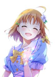 Rule 34 | 1girl, :d, ^ ^, ahoge, blue shirt, bow, bowtie, braid, buttons, closed eyes, collarbone, commentary request, double-breasted, facing viewer, flower, frilled shirt collar, frilled sleeves, frills, green bow, hair flower, hair ornament, highres, hoijin, kimi no kokoro wa kagayaiteru kai?, love live!, love live! sunshine!!, medium hair, official alternate costume, open mouth, orange hair, puffy short sleeves, puffy sleeves, sailor collar, shirt, short sleeves, side braid, simple background, single braid, smile, solo, takami chika, white background, white flower, white sailor collar, yellow bow, yellow bowtie