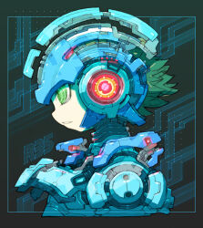 1boy android black_background black_border border brown_hair character_name copy_x_(mega_man) from_side glowing glowing_eyes green_eyes halo helmet male_focus mega_man_(classic) mega_man_(series) mega_man_zero_(series) nakayama_tooru neon_trim parted_lips portrait profile ringed_eyes robot science_fiction short_hair simple_background smile solo upper_body x_(mega_man)