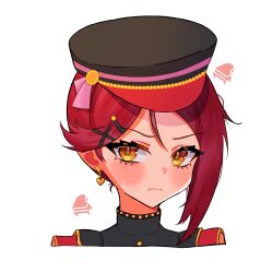 absurdres alternate_hairstyle blush dress earrings embarrassed hat highres instrument jewelry long_hair looking_at_viewer looking_to_the_side love_live! love_live!_sunshine!! piano red_hair ribbon rochie sakurauchi_riko simple_background single_earring sweat sweatdrop upper_body white_background yellow_eyes