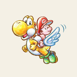 1boy absurdres baby baby_mario boots clenched_hands colored_skin diaper feathered_wings green_footwear hat highres mario mario_(series) nintendo official_art open_mouth red_hat simple_background white_background white_wings wings yellow_skin yellow_yoshi yoshi yoshi&#039;s_new_island
