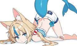 1girl ahoge anchor_print animal_ear_fluff animal_ears barefoot blonde_hair blue_eyes cat_ears cat_girl child crop_top fins fish_tail flat_chest halterneck highres indie_virtual_youtuber lifebuoy_hair_ornament long_hair looking_at_viewer lying multicolored_hair sameko_saba short_shorts shorts sleeveless streaked_hair striped_clothes swimsuit swimsuit_under_clothes tail top-down_bottom-up twintails two-tone_hair very_long_hair virtual_youtuber white_shorts