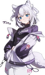 1girl :3 absurdres animal_ears black_sweater blue_eyes chain chain_necklace character_name closed_mouth dog_ears dog_tail ear_piercing earclip hand_in_pocket hand_up heart highres jacket jewelry kmnz long_sleeves looking_at_viewer medium_hair multicolored_hair necklace oeuia paw_print piercing print_sweater shorts simple_background smile solo streaked_hair sweater tail tina_(kmnz) turtleneck turtleneck_sweater two_side_up virtual_youtuber white_background white_hair white_jacket white_shorts