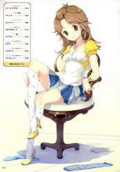 1girl :o absurdres bracelet breasts brown_eyes brown_hair cleavage earrings female_focus hair_ornament hairclip heart heart_earrings heart_necklace high_heels highres jewelry kneehighs legs long_hair necklace original parted_lips patterned_legwear polka_dot polka_dot_legwear print_socks puffy_sleeves shoes sitting small_breasts socks solo striped_clothes striped_socks tiv yellow_shoes