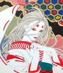 1girl 59awakadoy absurdres circle_facial_mark commentary earrings eyeshadow facial_mark fingernails forehead_mark grey_hair highres japanese_clothes jewelry kimono lipstick long_fingernails long_hair long_sleeves looking_at_viewer makeup obi obiage original red_eyeshadow red_lips red_nails ribbon-trimmed_sleeves ribbon_trim sash sharp_fingernails solo stud_earrings traditional_media upper_body white_kimono wide_sleeves yellow_eyes