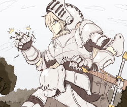 1girl armor black_pants black_shirt blonde_hair blue_eyes breastplate clenched_hand cloud colored_skin commentary crushing dated_commentary english_commentary gauntlets giant giantess goblin green_skin hand_on_hilt helmet kneeling knight leg_armor long_hair looking_ahead looking_to_the_side original outdoors pants pouch raps_(yohomeboyraps) shirt shoulder_armor sky solo_focus sword tree v-shaped_eyebrows weapon