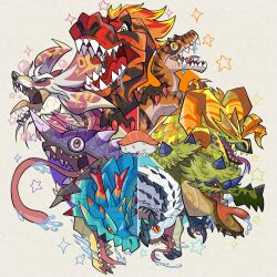 absurdres chameleos color_wheel_challenge dinosaur food fossil_fighters highres horns jurassic_park kulve_taroth lagiacrus mizutsune monster monster_hunter_(series) multiple_drawing_challenge no_humans open_mouth profile saliva scales sharp_teeth snek_snack star_(symbol) sushi teeth tetranadon tobi-kadachi tongue tongue_out tyrannosaurus_rex velociraptor