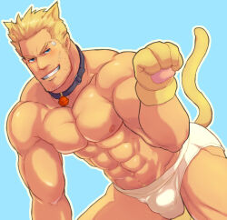 1boy abs animal_ears animal_hands bara beard_stubble bell blonde_hair blue_background bulge cat_ears cat_tail cid_highwind collar facial_hair final_fantasy final_fantasy_vii grin jingle_bell looking_at_viewer magnum_feering male_focus male_underwear muscular muscular_male mustache_stubble navel nipples pawpads pectorals smile stubble tail topless_male underwear white_male_underwear
