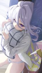 1girl blue_archive collared_shirt hair_intakes highres hina_(blue_archive) holding holding_pillow kuromame_(meekaki96) looking_at_viewer lying on_back open_clothes open_shirt panties pillow purple_eyes purple_hair shirt solo underwear white_panties white_shirt
