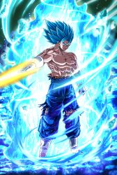 Rule 34 | 1boy, abs, absurdres, aura, blue eyes, blue fire, blue hair, blue theme, boots, clenched hand, closed mouth, commentary request, determined, dougi, dragon ball, dragon ball super, fingernails, fire, frown, full body, gloves, green background, hair between eyes, highres, ice, karate gi, knees, laser, light particles, looking at viewer, male focus, mio (yorunekowalker), muscular, muscular male, nipples, pectorals, short hair, solo, spiked hair, standing, thick eyebrows, topless male, torn clothes, vegetto, white boots, white gloves
