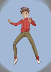 1boy akiyama_ryo artist_request biomerge blue_eyes brown_hair child clenched_hands clenched_teeth determined digimon digimon_tamers fighting_stance fingernails floating full_body hands_up highres long_sleeves looking_at_viewer male_focus matrix_evolution neck pants parted_lips red_sweater shoes short_hair sneakers spiked_hair spread_legs sweater teeth turtleneck turtleneck_sweater