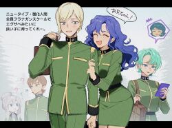 2boys 3girls ? bag blonde_hair blue_eyes blush brown_hair closed_eyes deux_murasame four_murasame gates_capa green_eyes green_hair gundam gundam_gquuuuuux hair_bun highres holding holding_bag holding_phone in-franchise_crossover jacket kamille_bidan kawachi_rin long_hair multiple_boys multiple_girls phone purple_hair rosamia_badam school_bag school_uniform short_hair skirt smile speech_bubble sweatdrop updo wavy_hair white_hair xavier_olivette zeta_gundam