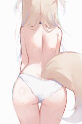 1girl absurdres ass back black_choker blonde_hair blue_hair choker commentary dog_girl dog_tail english_commentary from_behind fuwawa_abyssgard highres hololive hololive_english long_hair median_furrow meiwowowo multicolored_hair panties simple_background solo streaked_hair tail thighs topless_female two-tone_hair two_side_up underwear virtual_youtuber white_background white_panties yellow_tail