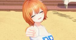 1girl arm_up ball bead_bracelet beads blush box bracelet can closed_eyes collarbone crop_top hair_between_eyes hair_intakes highres jewelry ker2348 looking_at_viewer midriff number_print open_mouth orange_hair sand secretto_(waktaverse) shadow shiny_skin short_hair smile solo tank_top virtual_youtuber waktaverse