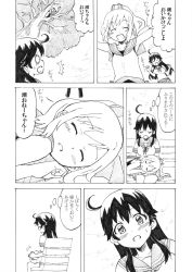 10s 2girls ahoge bench black_hair blush breasts climbing comic closed_eyes greyscale i-401_(kancolle) kantai_collection lap lap_pillow long_hair lying medium_breasts monochrome multiple_girls nome_(nnoommee) o_o on_lap open_mouth headpat ponytail sailor_collar school_swimsuit school_uniform serafuku short_hair sitting skirt sleeping sleeping_on_person smile swimsuit translation_request tree ushio_(kancolle)