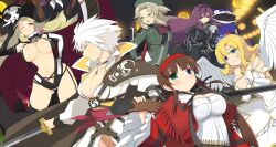 6+girls ahoge bebe-tan beret black_cape black_dress black_gloves black_hat black_leotard black_ribbon blonde_hair blue_eyes breast_pocket breasts brown_hair bullet cape cleavage dress eyeshadow feathered_wings game_cg glasses gloves green_eyes green_hat green_shirt gun hair_ribbon hairband hat heart heterochromia highres holding holding_gun holding_sword holding_weapon japanese_clothes jewelry kimono large_breasts leotard long_hair makeup medium_hair military_uniform miyabi_(senran_kagura) mole mole_under_mouth multiple_girls navel necklace non-web_source official_art one_eye_closed ouroboros parted_bangs pocket purple_eyes purple_hair red_eyes red_hairband revealing_clothes ribbon ryoubi_(senran_kagura) ryouna_(senran_kagura) scythe senran_kagura senran_kagura_estival_versus shiki_(senran_kagura) shirt short_hair siblings sisters skull_print stuffed_animal stuffed_toy sword teddy_bear tiara weapon white_dress white_gloves white_hair white_kimono white_wings wings yaegashi_nan yellow_eyes