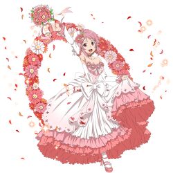 1girl :d ankle_ribbon arch arm_up armpits bouquet breasts cleavage collarbone commentary_request detached_sleeves dress floral_arch flower full_body hair_flower hair_ornament high_heels highres holding holding_bouquet layered_dress leg_ribbon leg_up lisbeth_(sao) lisbeth_(sao-alo) long_dress looking_at_viewer medium_breasts non-web_source official_art open_mouth orange_flower petals pink_eyes pink_flower pink_hair pink_ribbon pink_shoes pumps red_flower ribbon shoes sidelocks simple_background skirt_hold smile solo standing standing_on_one_leg strapless strapless_dress sword_art_online sword_art_online:_memory_defrag transparent_background wedding_dress white_dress